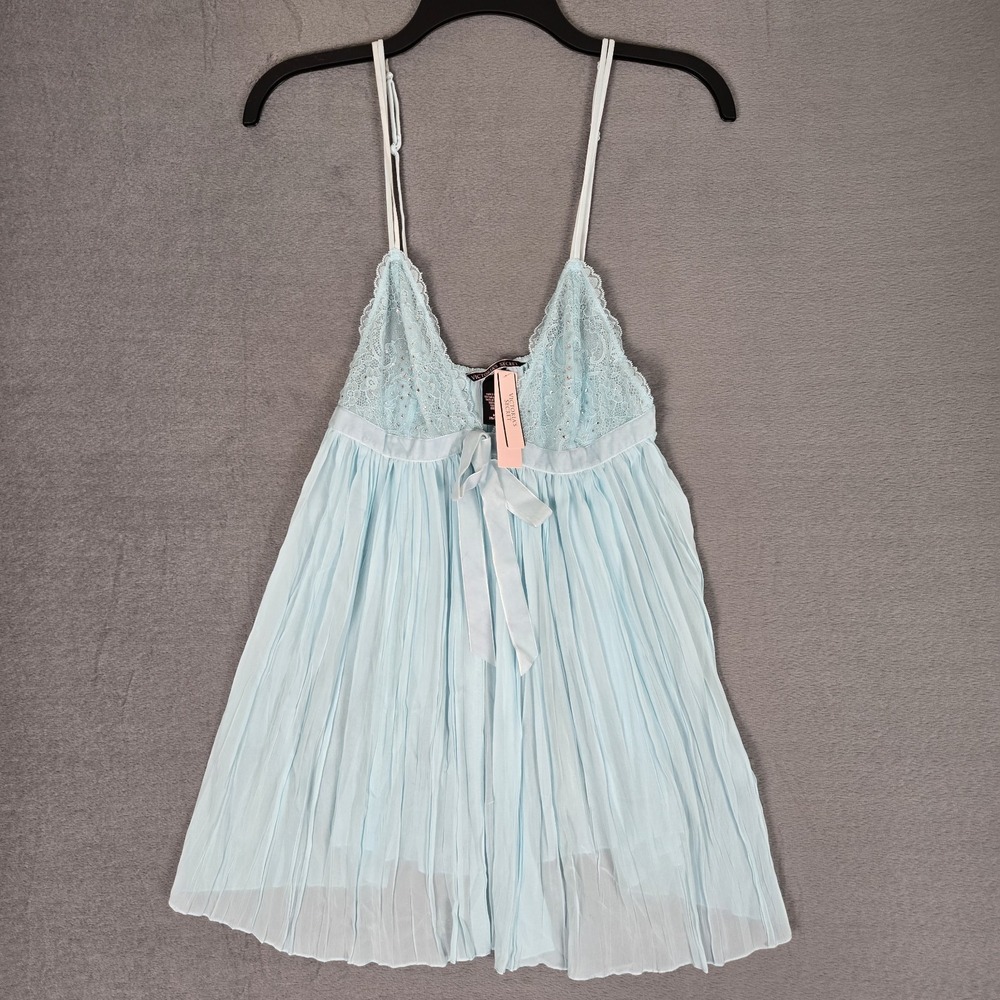 Victoria's Secret Babydoll Womens Medium Opal Blue Pleated Lingerie NWT